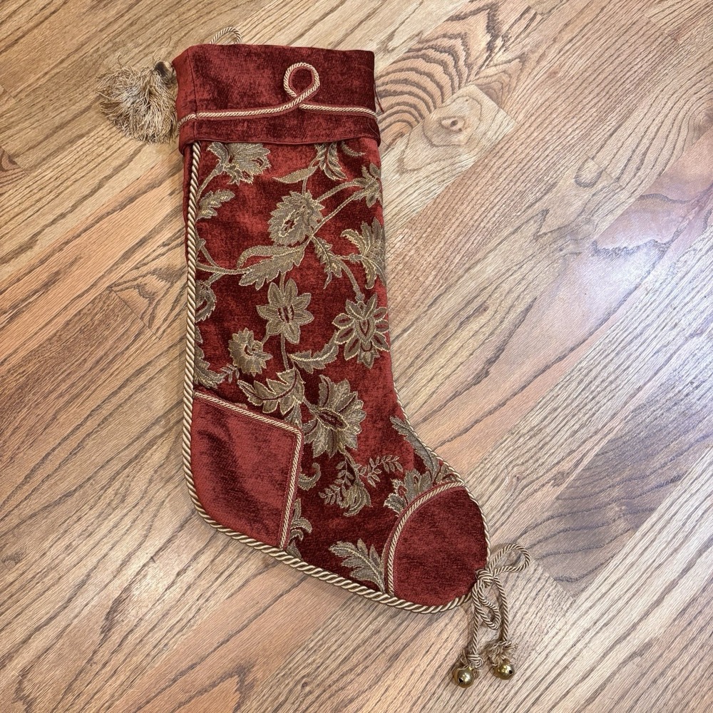 Villa Bacci Red Velvet Christmas Stocking Gold Floral Brocade Tassel Bells 24"